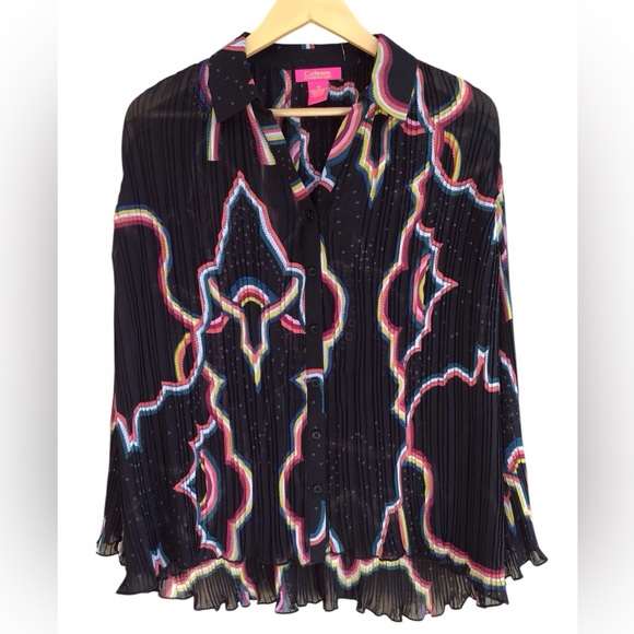 Catherine Malandrino Retro Black Crinkle Button-Down Long Sleeve Blouse … - Picture 2 of 14